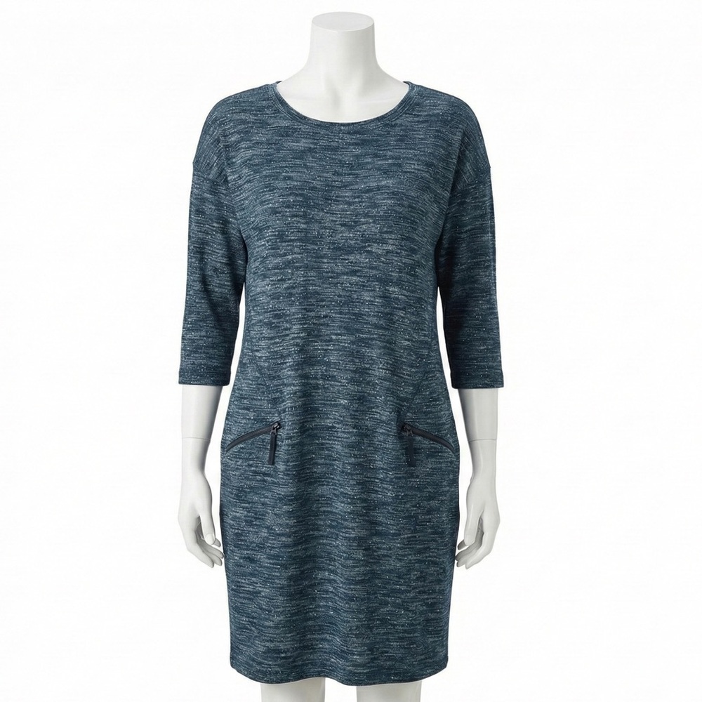 T by Talbots Blue Green Knit Shift Dress Zipper Pockets Medium Petite MP